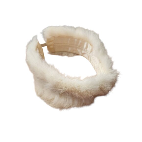 VINTAGE white fur headband satin lined stretch headband snow bunny apres ski - Picture 7 of 11